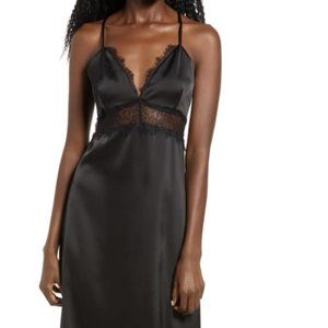 Wayf Black Satin Slip Dress with Lace Trim